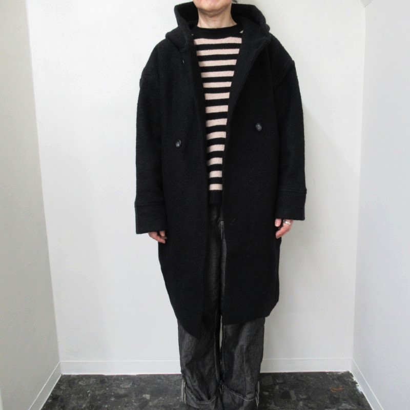 mao made 圧縮ウールダブルボタンロング丈フーディコート /BK99